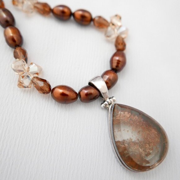 Necklace - Bronze Pearls, Swarovski Crystals, Brazilian Pendant - Sterling Clasp - Picture 3 of 4